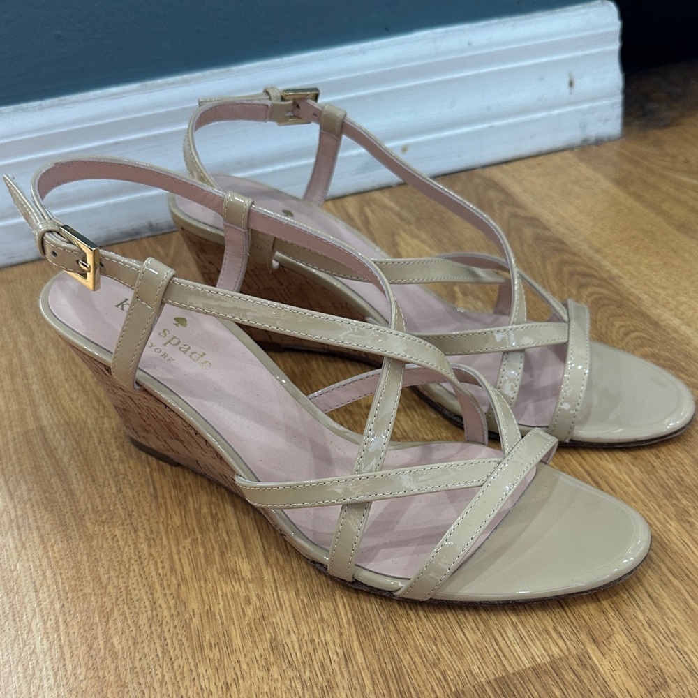 kate spade Nude Patent Leather Strappy Wedge Sandals